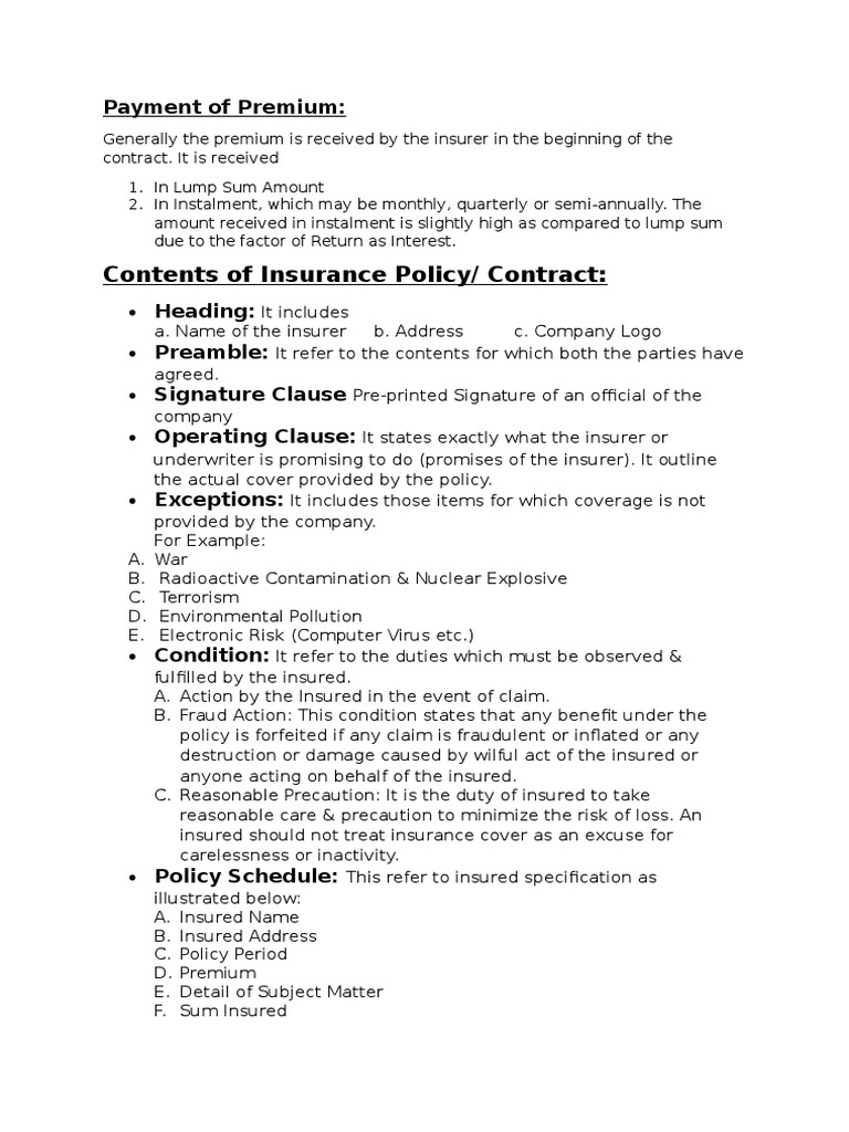 Contents of Insurance Policy/ Contract | PDF