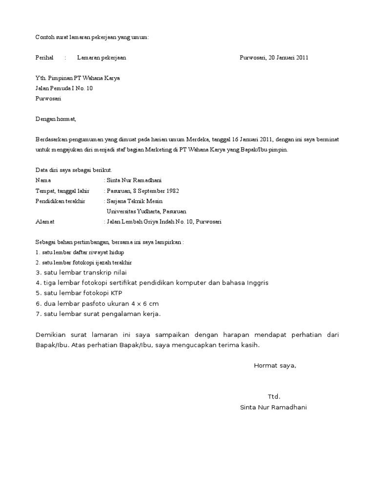 Contoh Surat Lamaran Pekerjaan Yang Umum