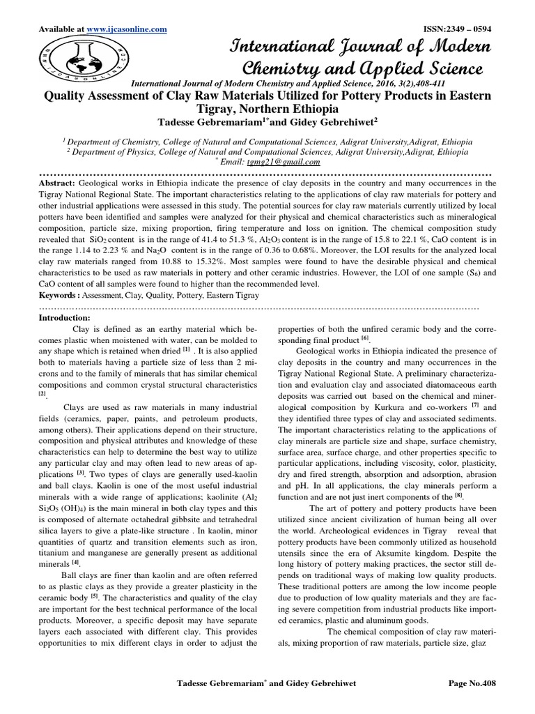 Quality Assessment of Clay Raw Materials Utilized For Pottery Products