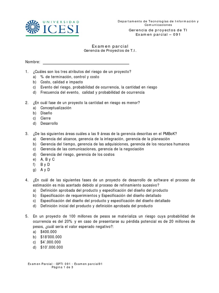 Examen Parcial de Gerencia de Proyectos TI | PDF | Producto (Negocio ...