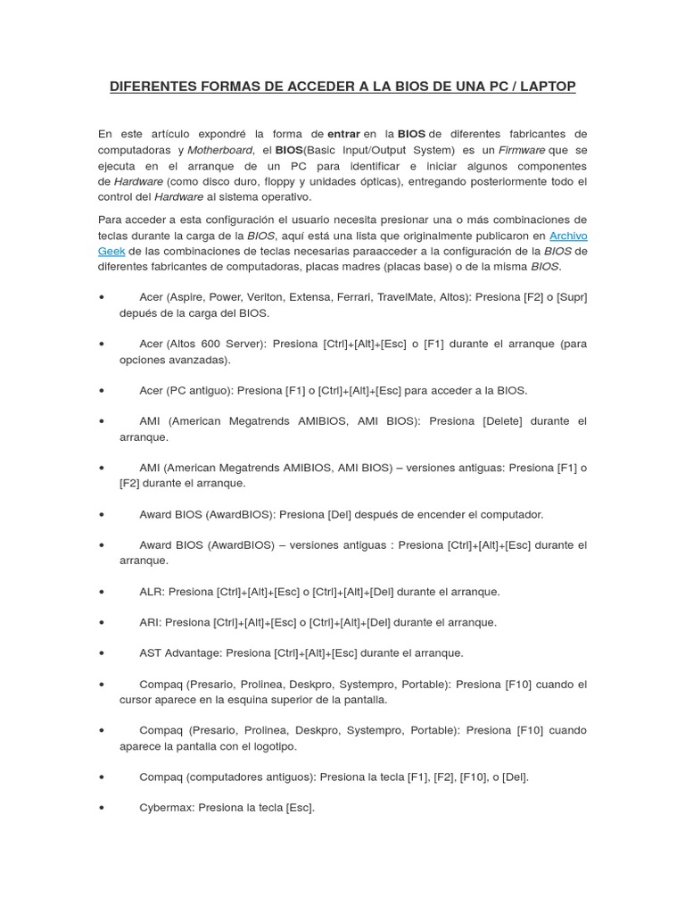 Diferentes Formas de Acceder A La Bios de Una PC | PDF | Bios ...