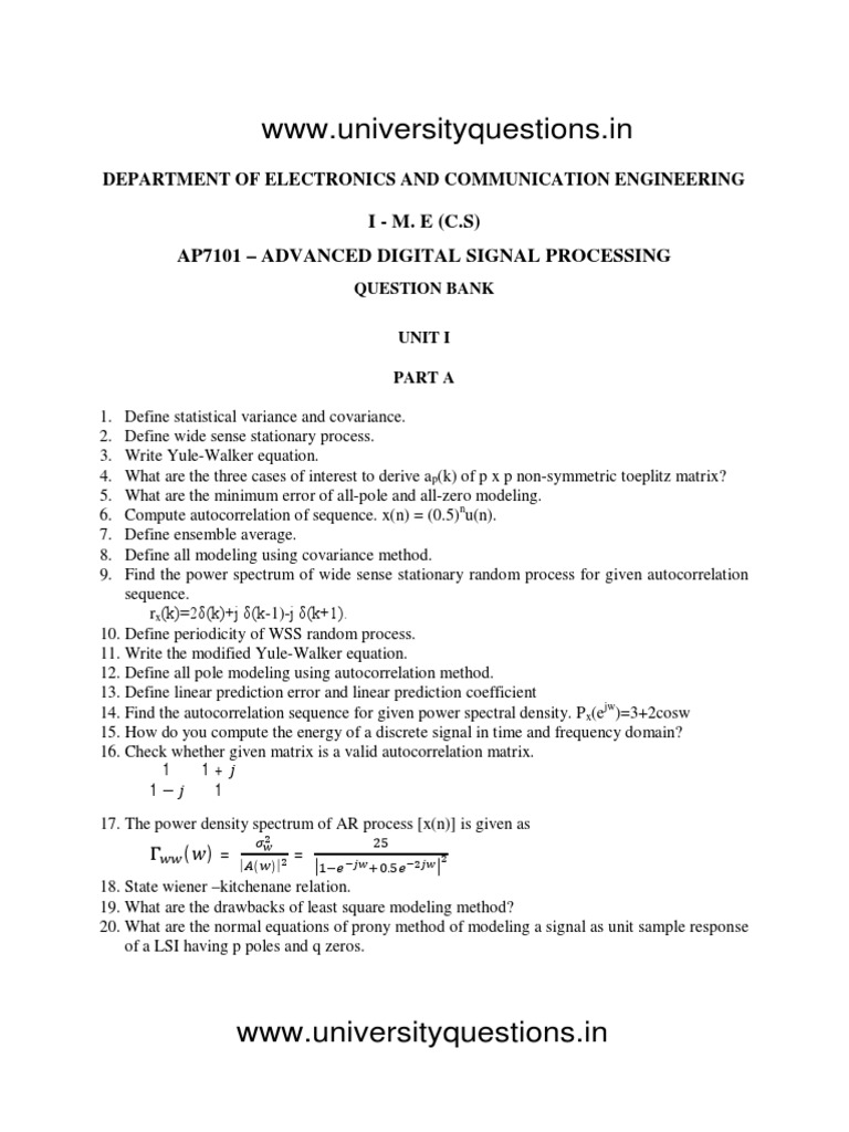 AP7101Advanced Digital Signal Processing Question Bank PDF