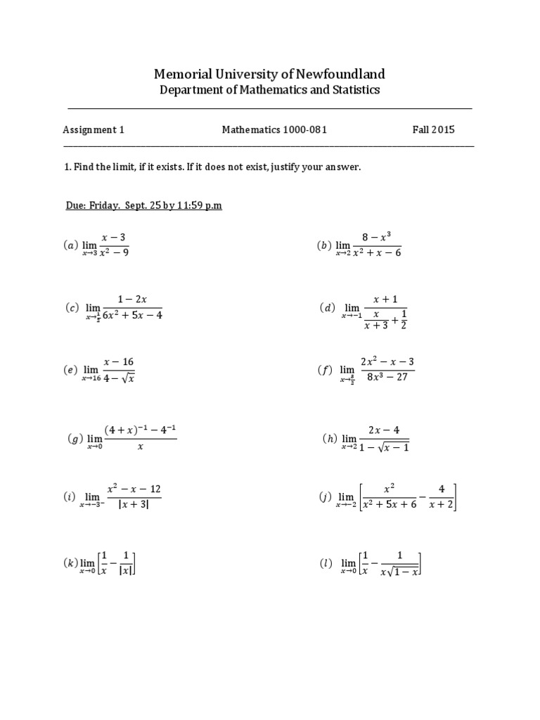 Limits Assignment for Math 1000 | PDF | Teaching Methods & Materials