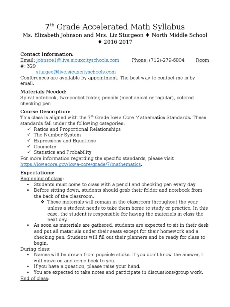 7th Grade Math Syllabus Overview | PDF | Homework | Education Theory