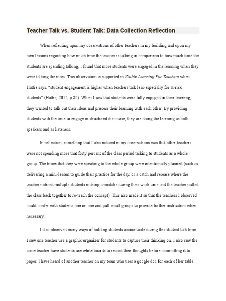 Teacher Talk Vs Student Talk Data Collection Reflection | PDF
