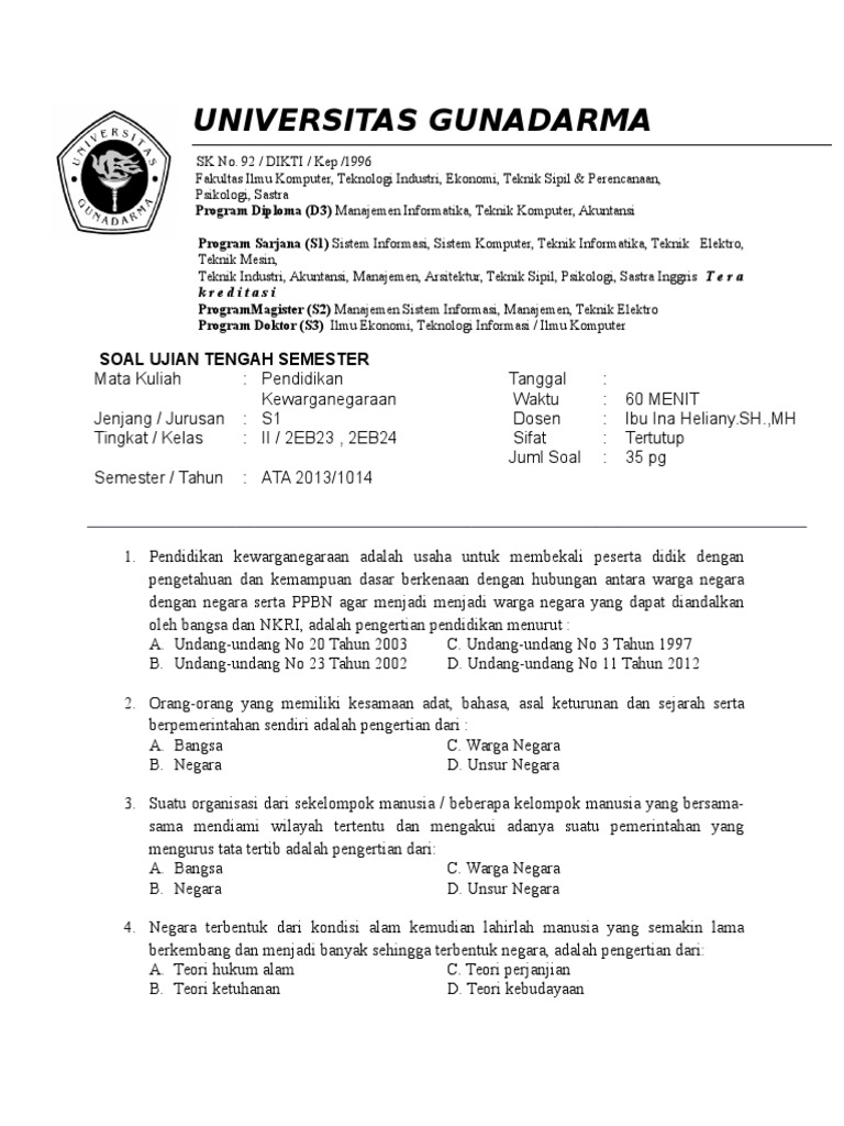 Soal Uts Pendidikan Pancasila - Revisi Id