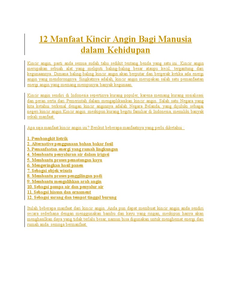 12 manfaat kincir angin bagi manusia dalam kehidupan