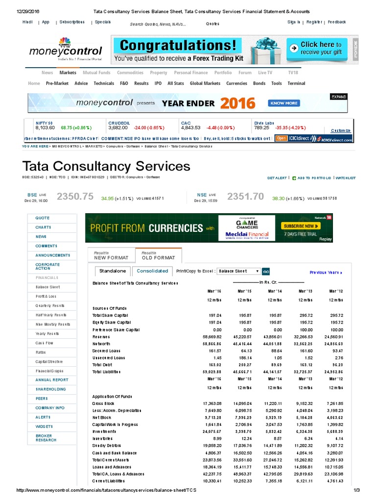 Tata Consultancy Services Balance Sheet Tata Consultancy Services 