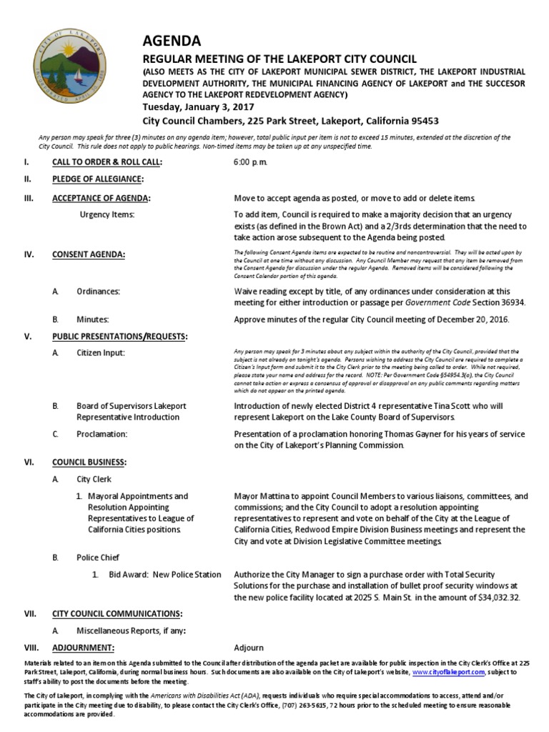 Lakeport City Council Agenda Packet | PDF | Committee | Americans With