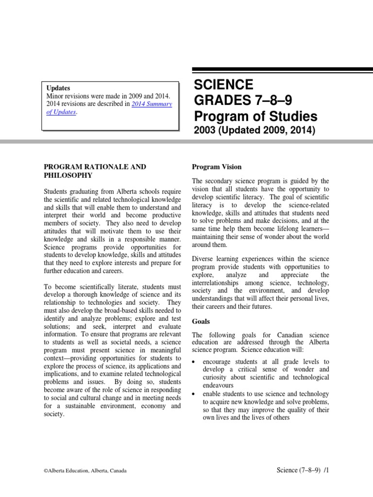 Science GRADES 7-8-9 Program of Studies: 2003 (Updated 2009, 2014 ...