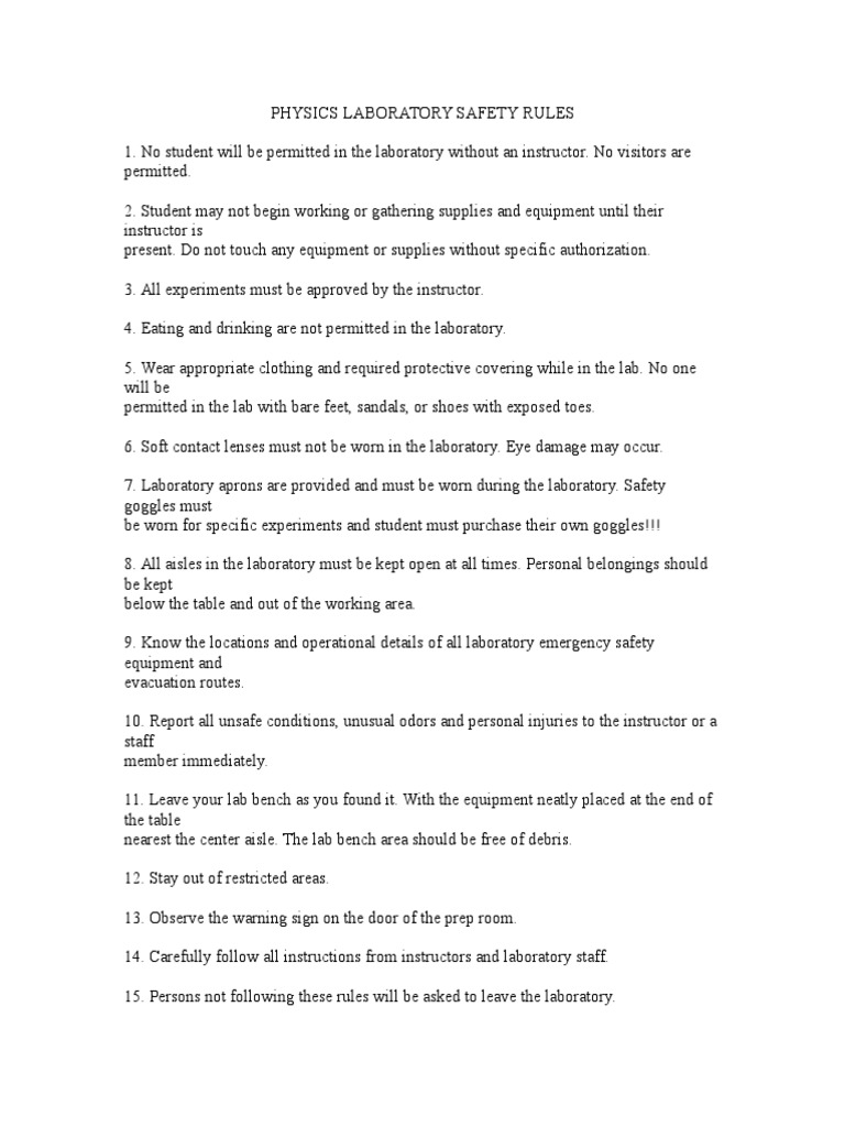 Physics Laboratory Safety Rules PDF