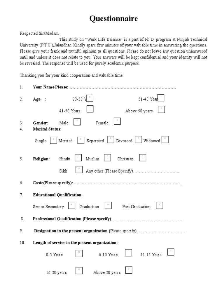 Work Life Balance Questionnaire Survey | PDF | Work–Life Balance ...