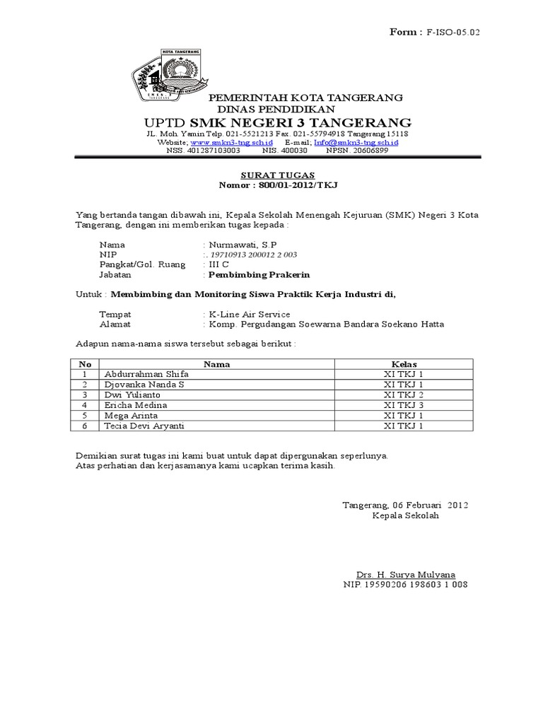 Surat Tugas Guru Prakerin