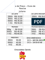 Tabela de Preço Pascoa