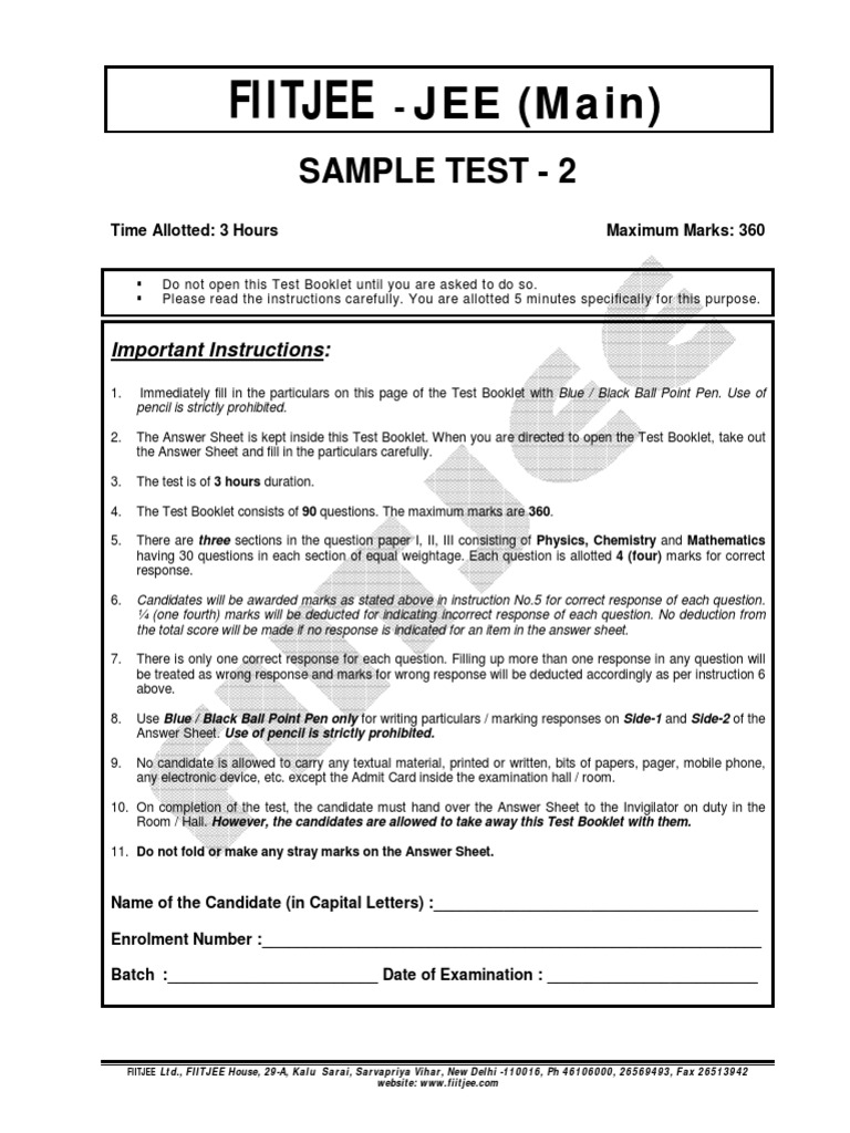 JEE Main SAMPLE TEST 2 With Ans Key PDF | PDF | Optical Fiber ...
