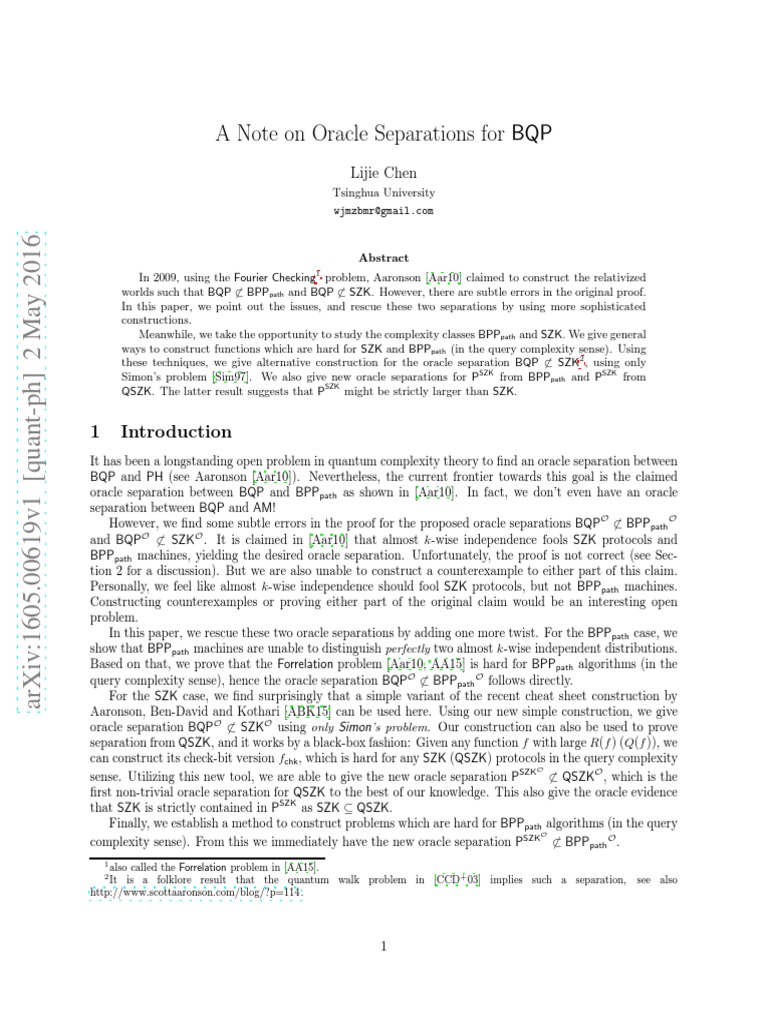 Oracle Separations in Quantum Complexity | PDF | Computational ...