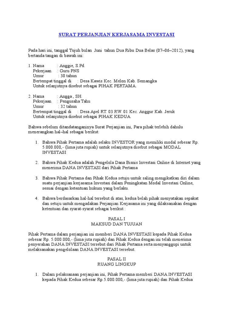 Surat Perjanjian Kerjasama Investasi Pdf