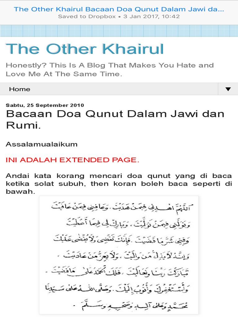 The Other Khairul Bacaan Doa Qunut Dalam Jawi Dan Rumi