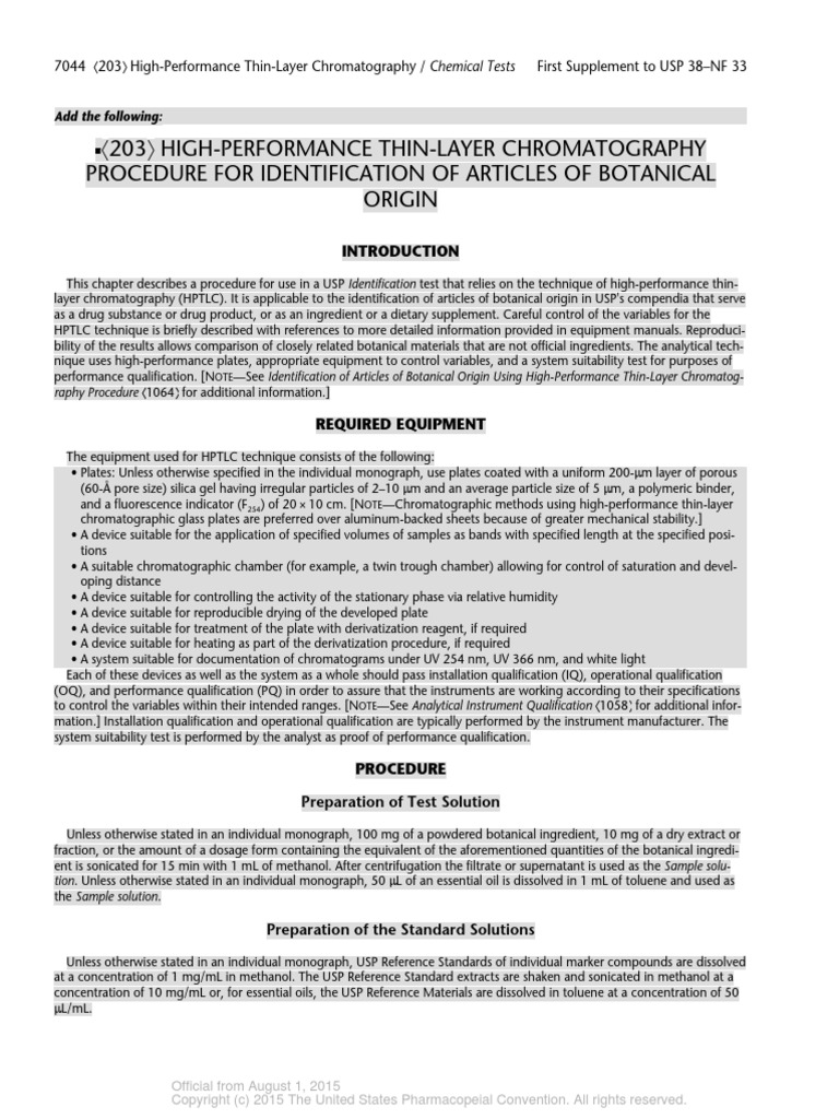 Usp 203 HighPerformance ThinLayer Chromatography Procedure For