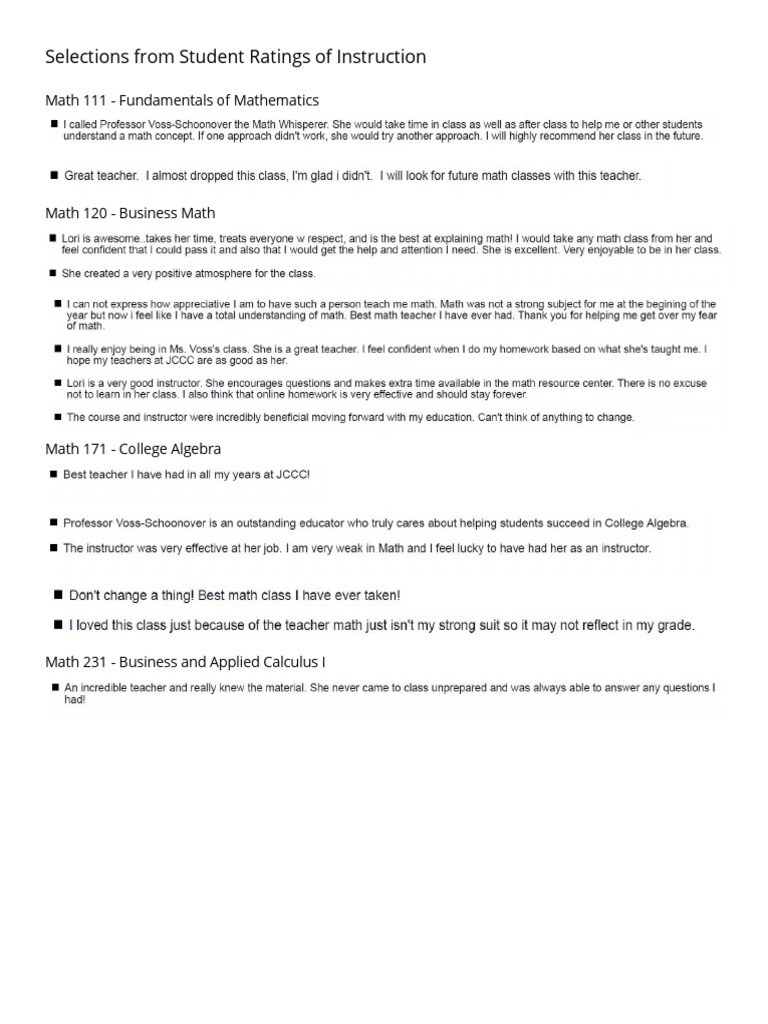 Student Ratings for Math Courses | PDF