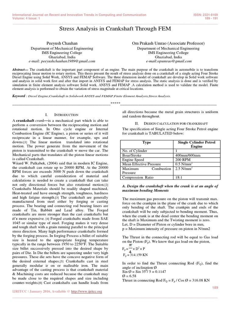 Stress Analysis in Crankshaft Through FEM PDF Engines