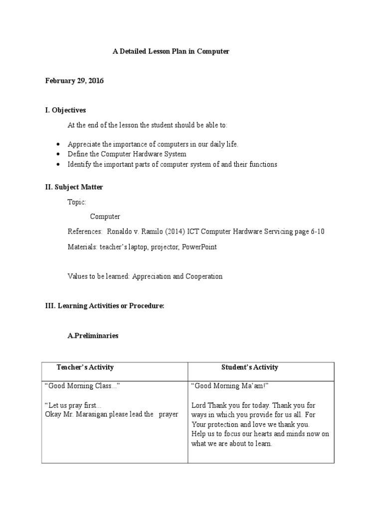 A Detailed Lesson Plan in Computer | PDF | Random Access Memory | Lesson  Plan