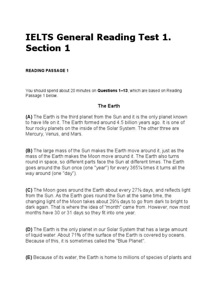 IELTS General Reading Test 1 Earth Sun