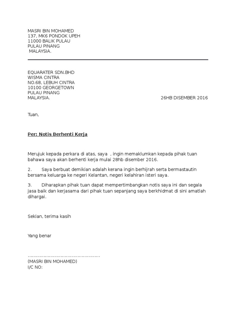 Contoh Surat Pemberhentian Kerja Malaysia