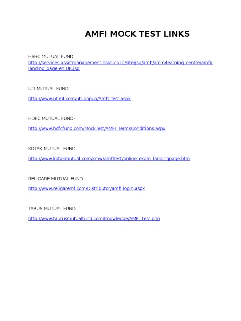 AMFI Mock Test Links for Mutual Funds | PDF