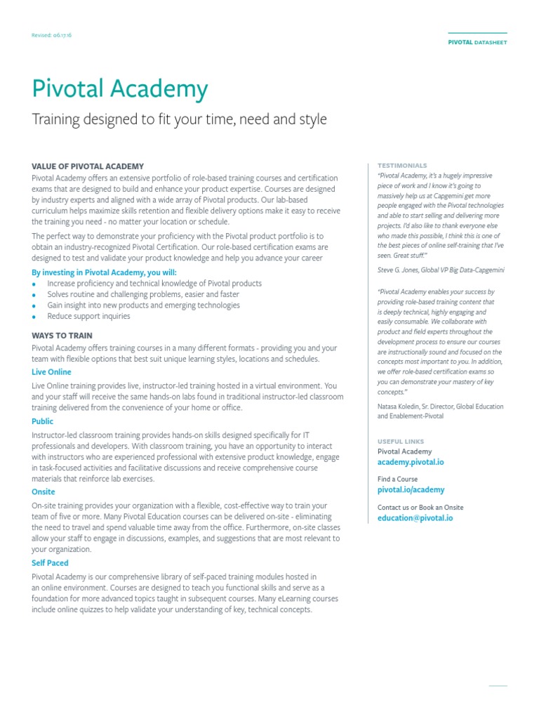 Pivotal EDU ValueofPivotalAcademy Datasheet PDF Professional