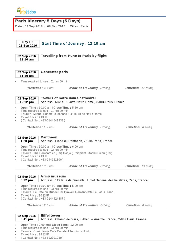 Paris Itinerary 5 Days PDF Paris Departments Of Île De France