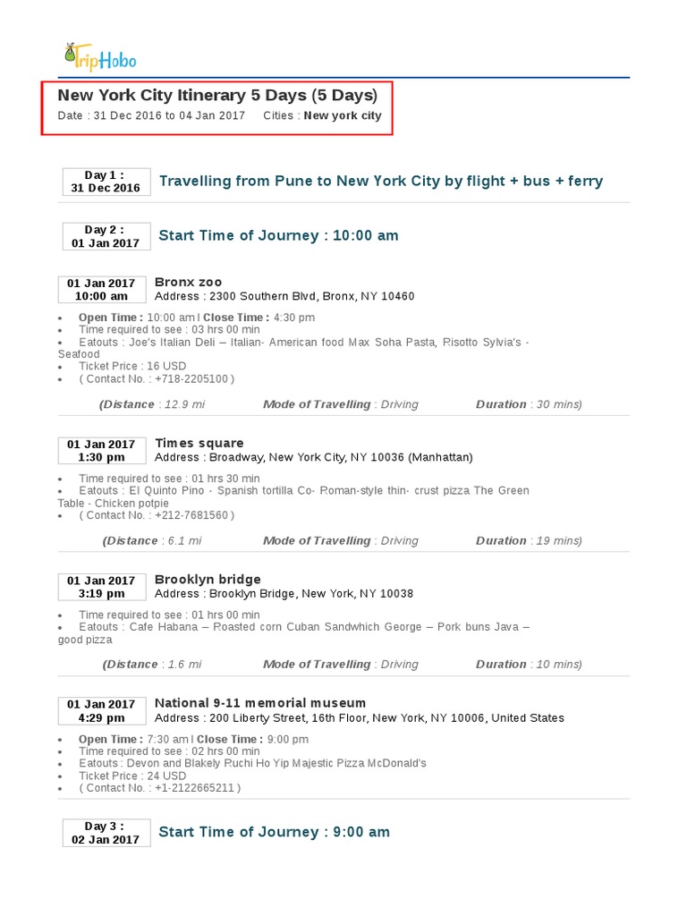 New York City Itinerary 5 Days  PDF  New York City  Cooking