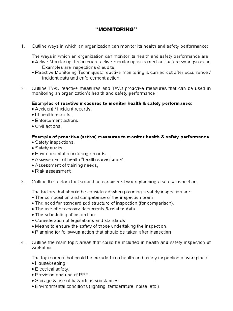 "Monitoring" Examples of Reactive Measures To Monitor Health & Safety