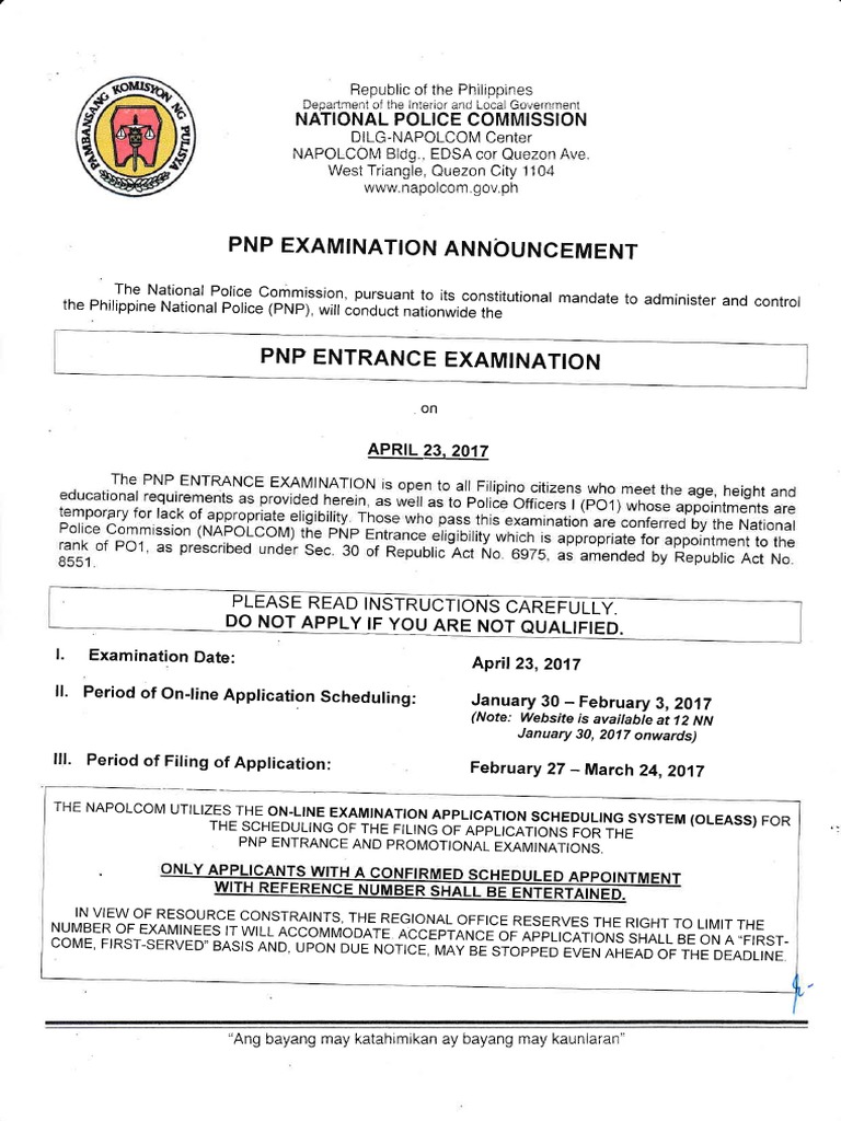 PNP Entrance Examination Announcement Test (Assessment) Mail