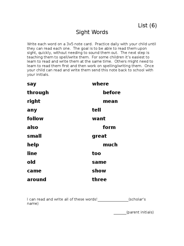 Grade 1 Sight Words Practice List | PDF