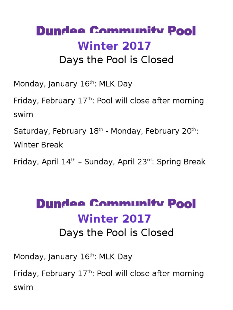 Dundee Pool Closure Dates Winter 2017 | PDF | Sports & Recreation