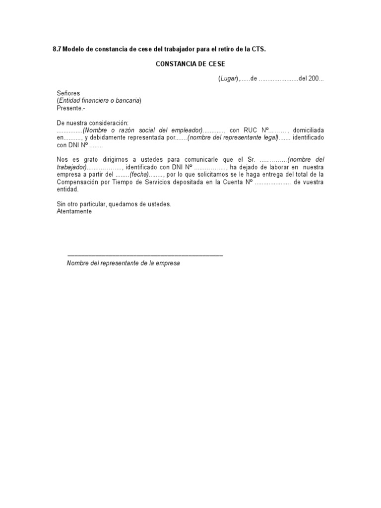 Modelo de Constancia de Cese Del Trabajador Para El Retiro de La CTS