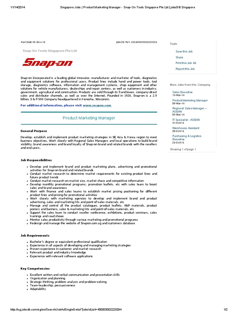 Product Marketing Manager SnapOn Tools Singapore Pte LTD PDF