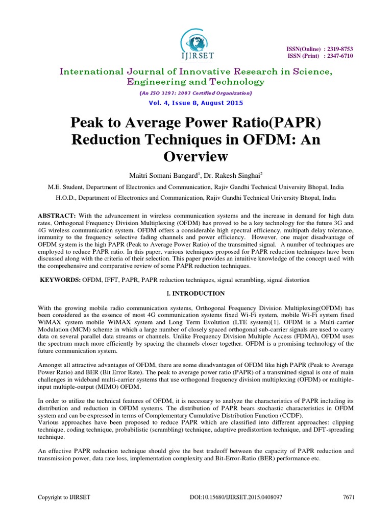 Peak To Average Power Ratio (PAPR) Reduction Techniques in OFDM: An ...