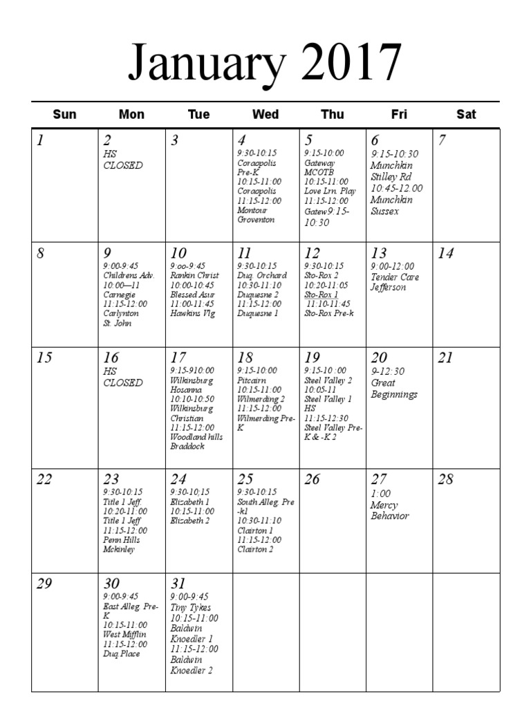 Preschool Schedule Jan Feb 2017 | PDF | Cooking, Food & Wine