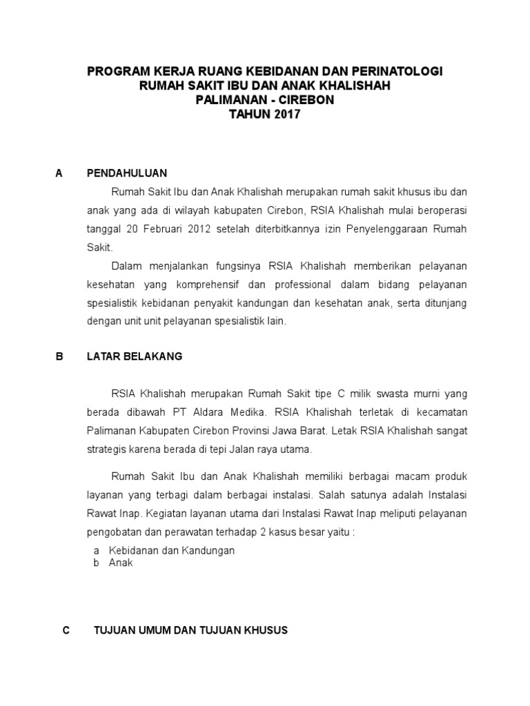 Program Kerja Ruang Kebidanan RSIA Khalishah | PDF