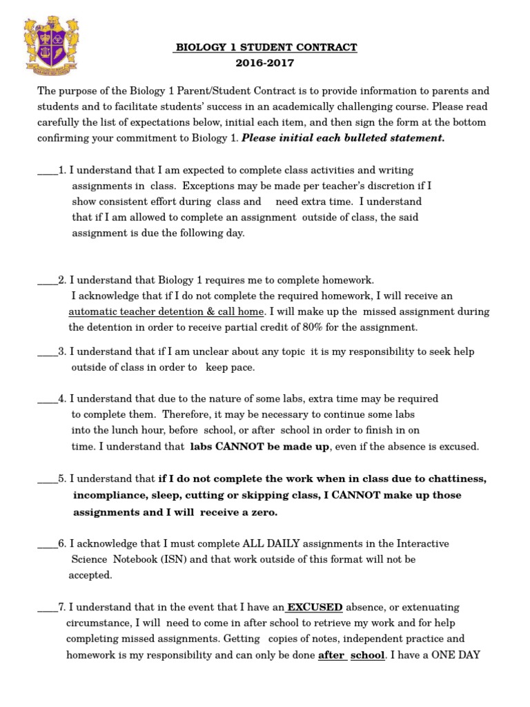 Student contract for homework picture