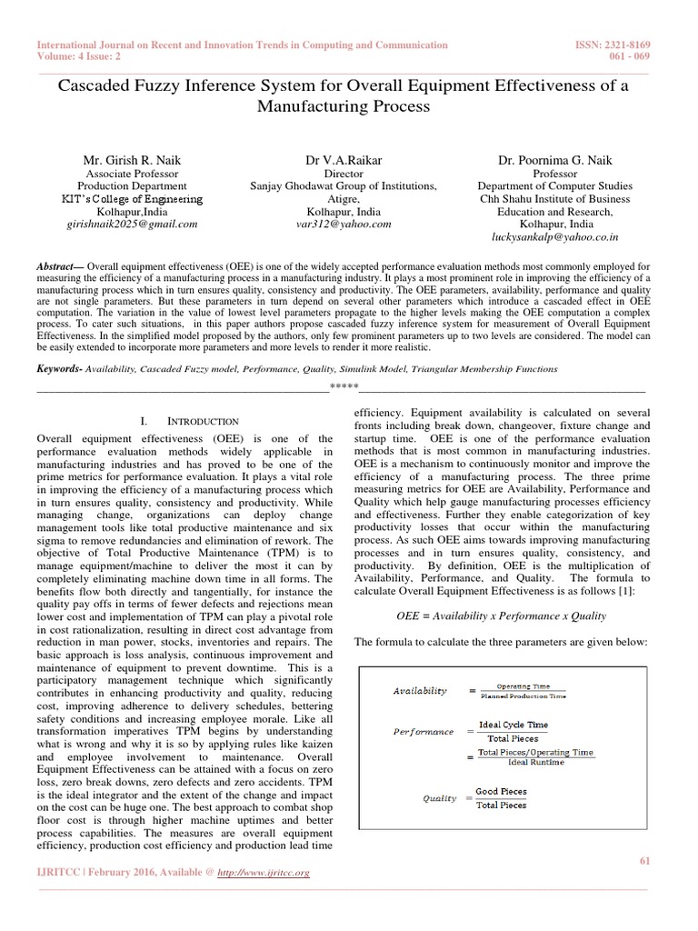 Cascaded Fuzzy Inference System For Overall Equipment Effectiveness of ...