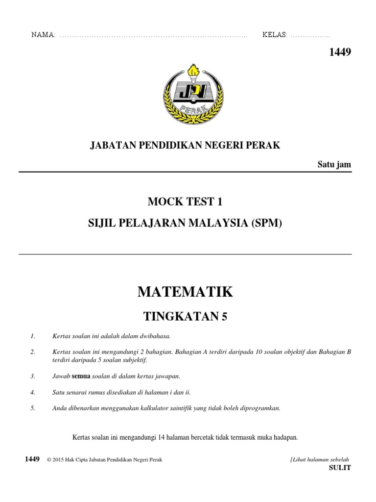 Cover Jpn Perak Mock Test 1 Matematik 2015 Pdf