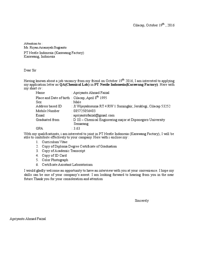 Application Letter PT Nestle Indonesia (Karawang Factory) PDF
