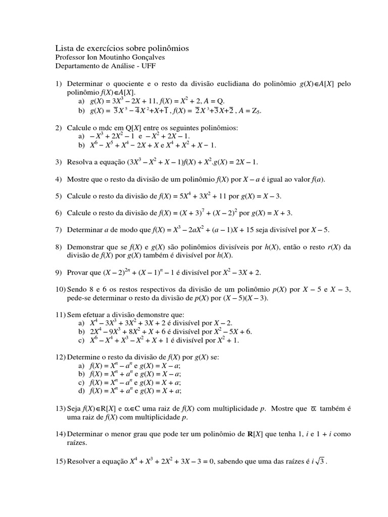 Lista de exercícios sobre operações e propriedades de polinômios | PDF ...