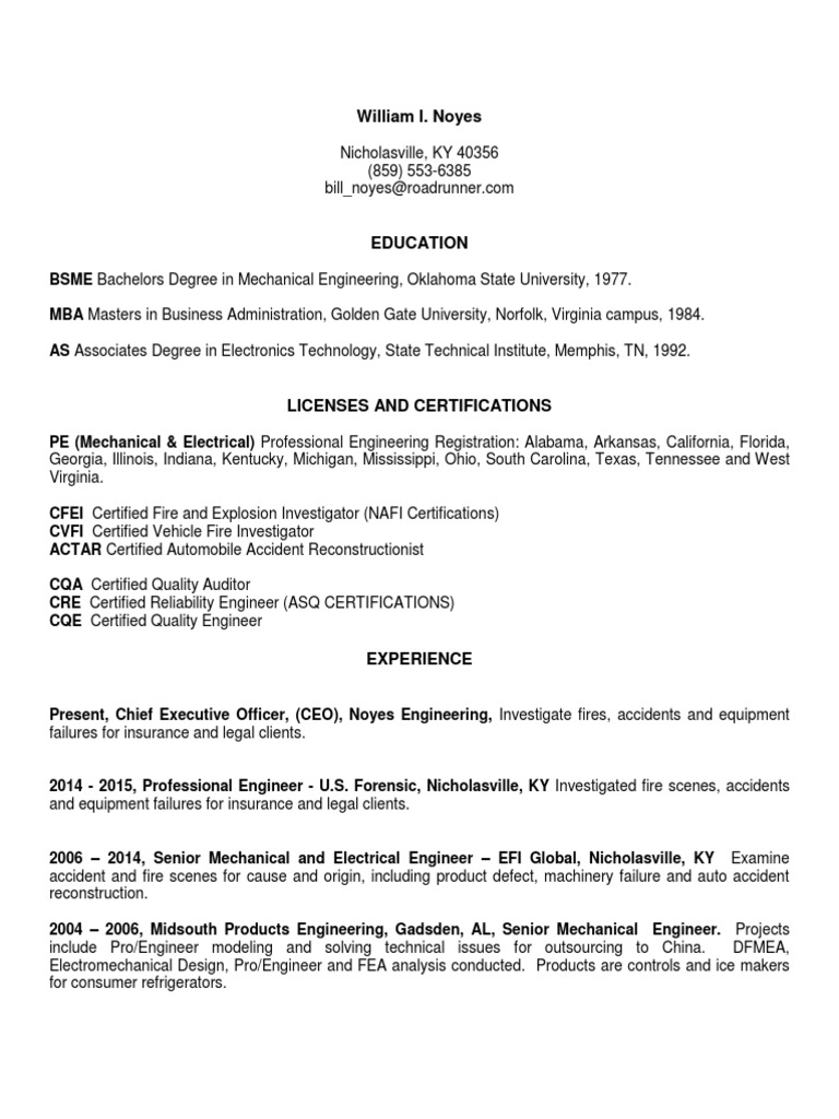 Forensic ElectroMechanical Engineering in Lexington KY Resume William