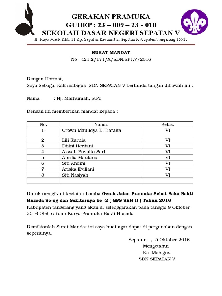 Surat Mandat Bindamping Pramuka