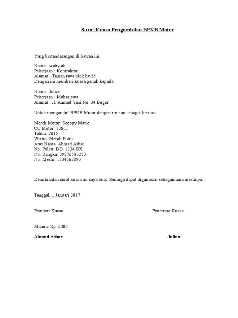 Surat Kuasa Pengambilan Bpkb Motordocx
