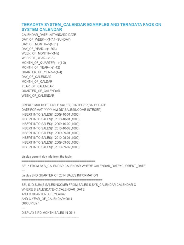 Teradata System Calendar Examples and Teradata Faqs On System